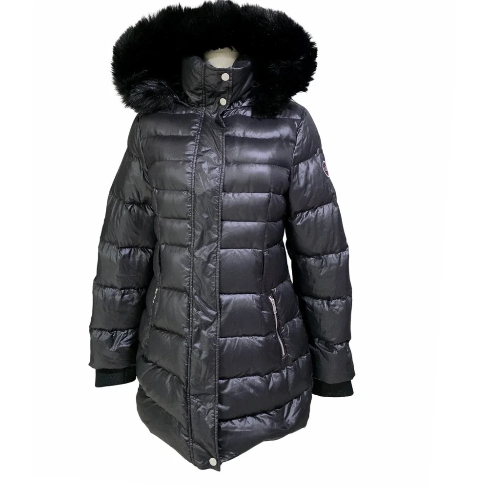 UGG Puffer Jacket Womens S Black Faux Fur Hooded Parka Quilted Zip‎
